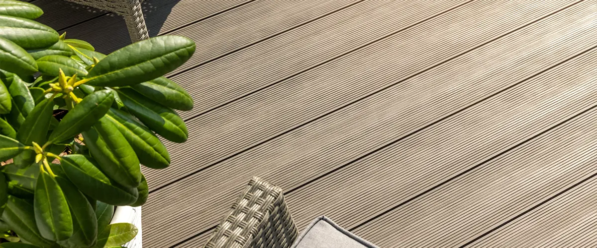 Beige composite decking with a plant