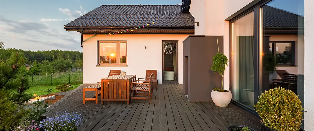 Composite decking with potted plants and flowers