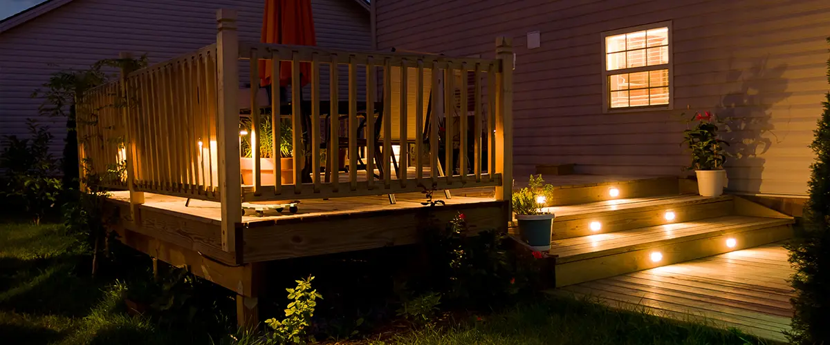 Deck lighting on steps for an elevated deck with railing