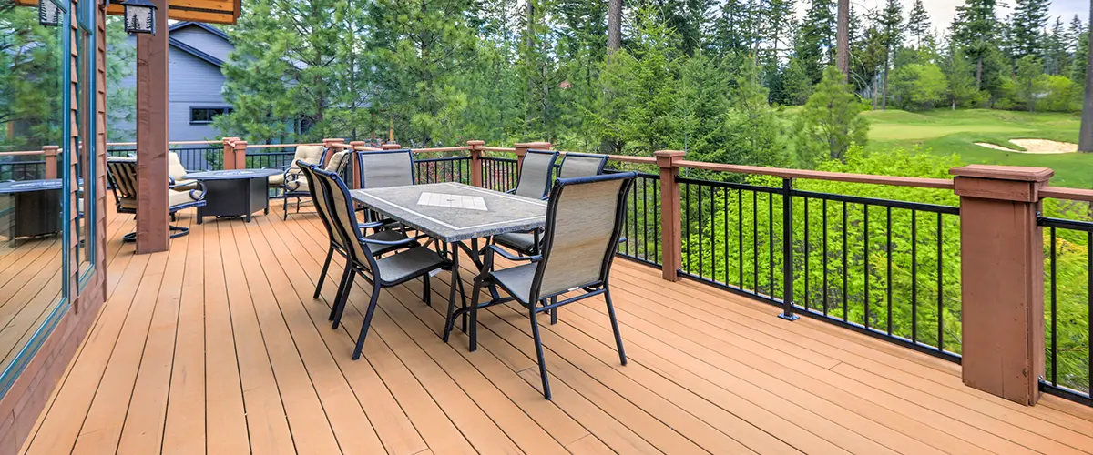 Composite deck with railing and outdoor furniture