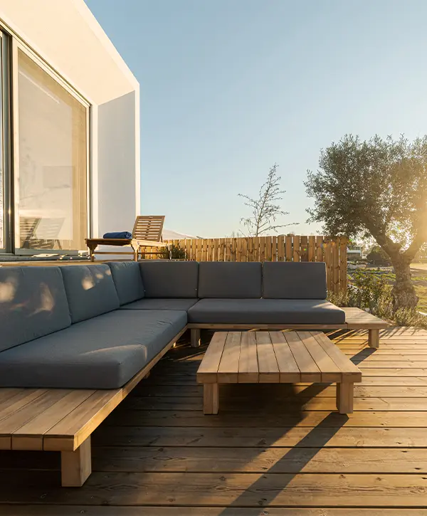 Wood deck with built-in furniture