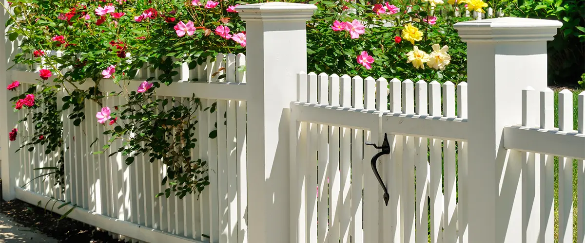 A vinyl picket fence with a bush of flowers