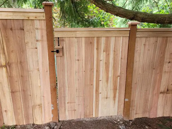 A wood fence on a slope with a gate