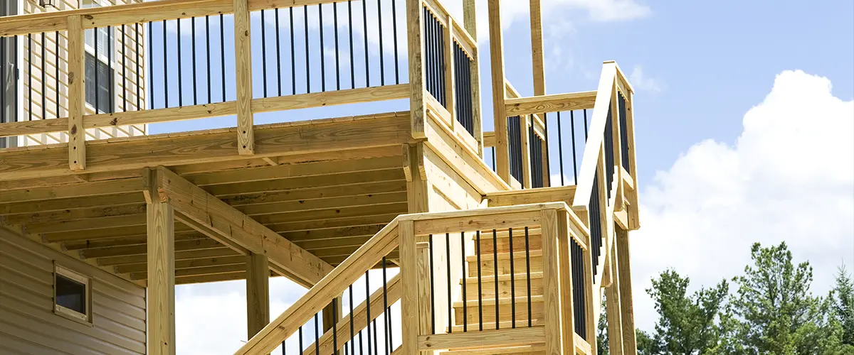 A pressure-treated wood deck with two levels