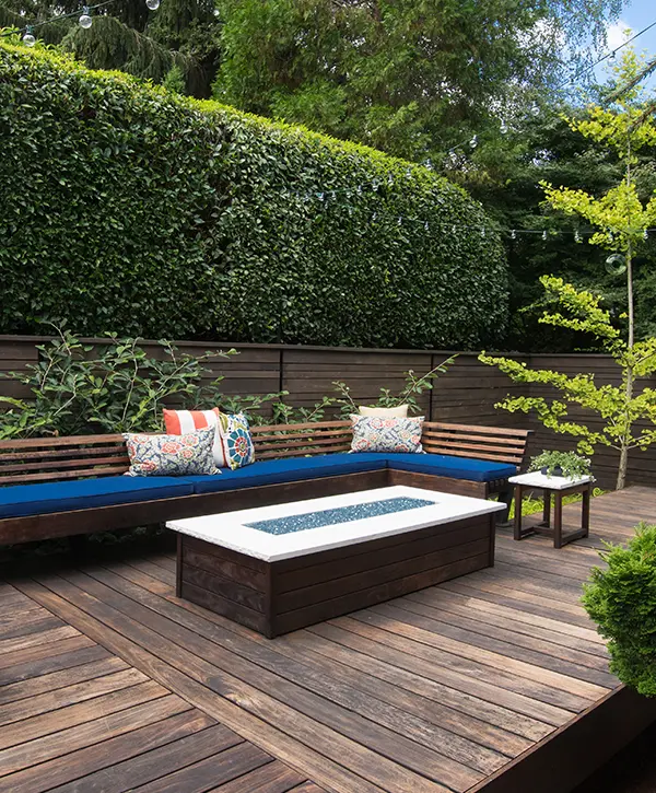 A cedar decking with outdoor furniture and plants