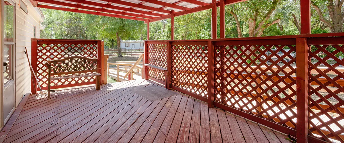 Redwood decking with lattice wood railing